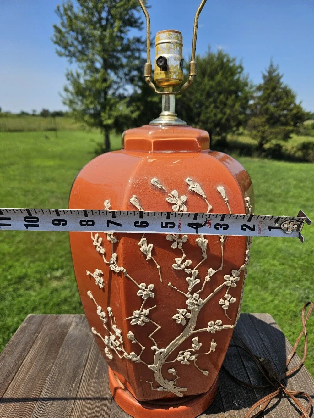 VTG Chinoiserie Hollywood Regency Ginger Jar Lamp Orange Raised Flower Cherry Bl